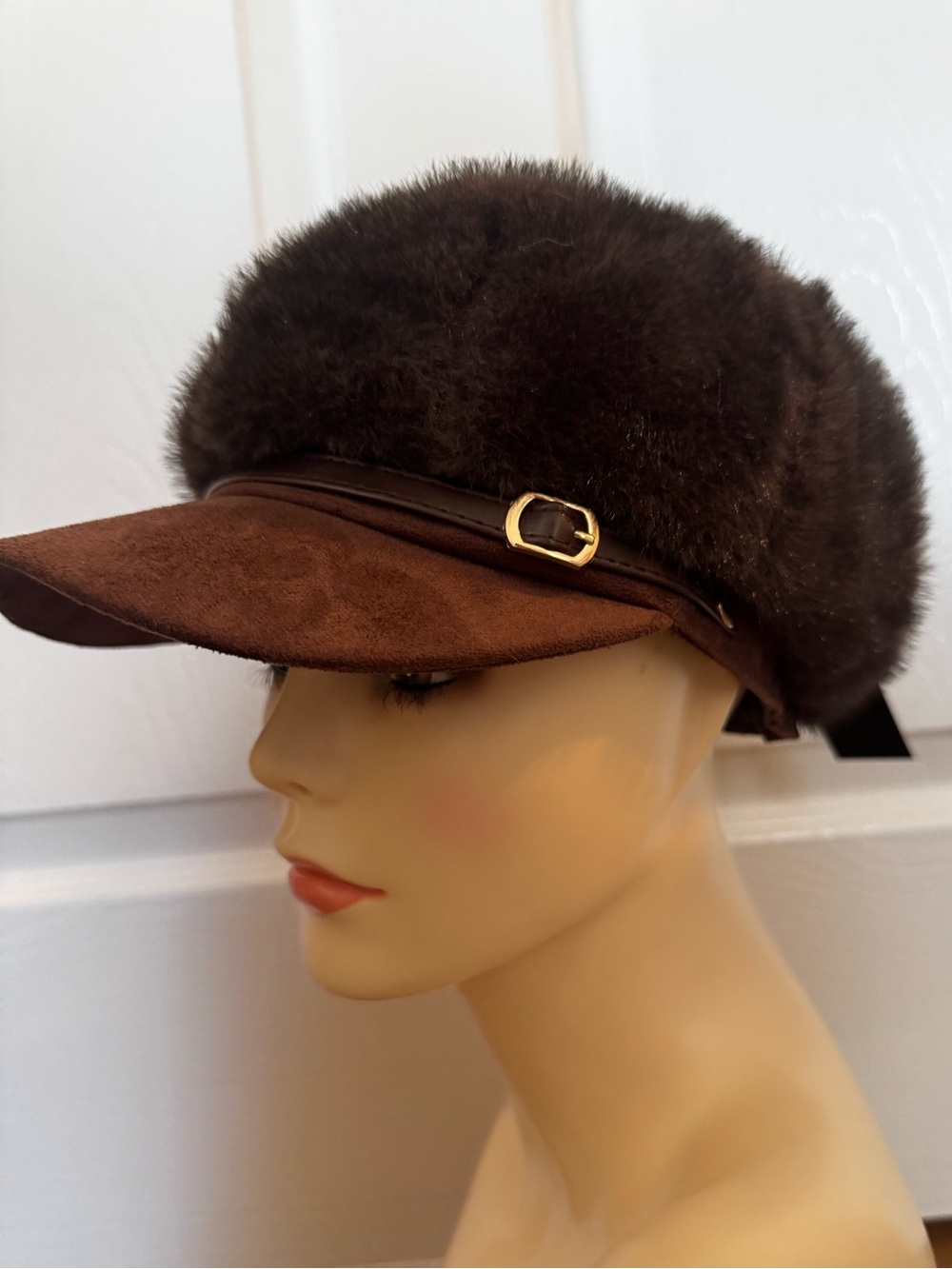 Faux fur hat brown with gold buckle furry chic cap faux suede brim
